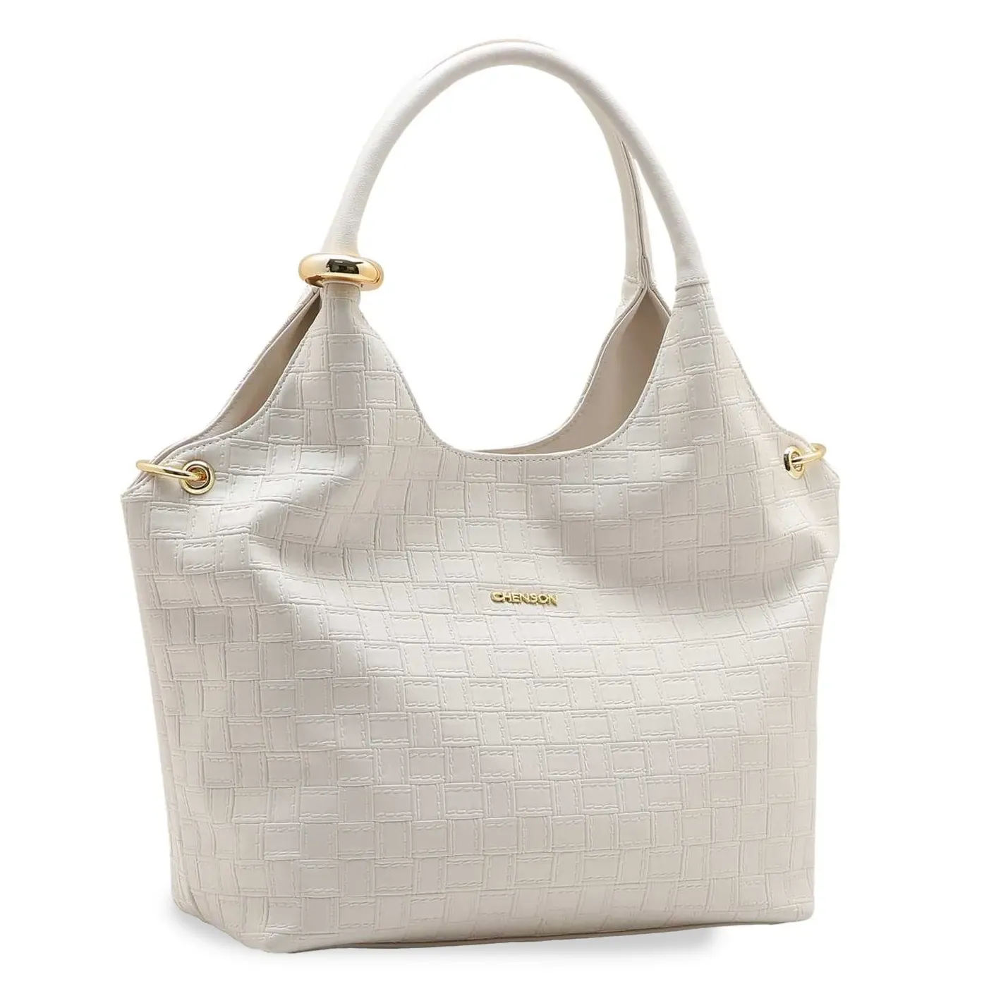 Bolsa feminina Chenson nude em PU texturizado com alças duplas e detalhes dourados vista frontal